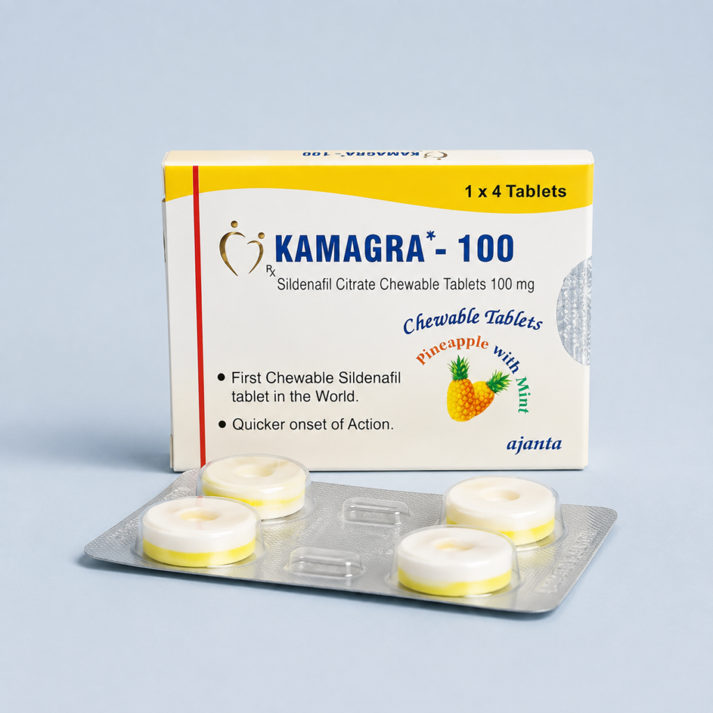 KAMAGRA CHEWABLE 100 - envase y producto, imagen 1